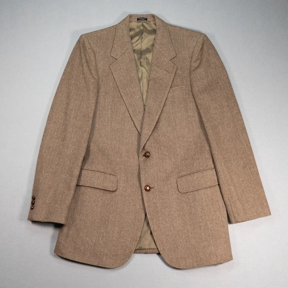 Vintage Camel Hair Wool Herringbone Blazer Brown Tailored in Japan‎ Mens 40 42